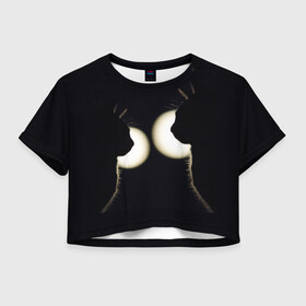 Женская футболка Crop-top 3D с принтом Пара Силуэты черных кошек в Санкт-Петербурге, 100% полиэстер | круглая горловина, длина футболки до линии талии, рукава с отворотами | Тематика изображения на принте: cat | кот | кошка | пара | силуэты | черные кошки