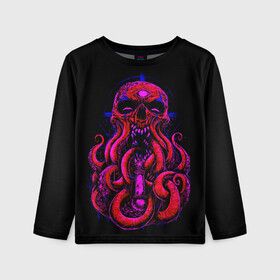 Детский лонгслив 3D с принтом Череп Осьминог Octopus Skull в Санкт-Петербурге, 100% полиэстер | длинные рукава, круглый вырез горловины, полуприлегающий силуэт
 | animal | beast | kraken | monster | ocean | octopus | sea | skull | water | waves | вода | животные | звери | кракен | монстр | море | океан | осьминог | рыбы | череп | щупальца