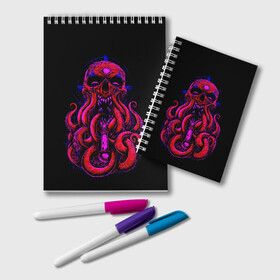 Блокнот с принтом Череп Осьминог Octopus Skull в Санкт-Петербурге, 100% бумага | 48 листов, плотность листов — 60 г/м2, плотность картонной обложки — 250 г/м2. Листы скреплены удобной пружинной спиралью. Цвет линий — светло-серый
 | Тематика изображения на принте: animal | beast | kraken | monster | ocean | octopus | sea | skull | water | waves | вода | животные | звери | кракен | монстр | море | океан | осьминог | рыбы | череп | щупальца