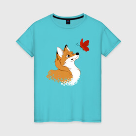 Женская футболка хлопок с принтом лиса и бабочка в Санкт-Петербурге, 100% хлопок | прямой крой, круглый вырез горловины, длина до линии бедер, слегка спущенное плечо | butterfly | fox | бабочка | звери | лиса