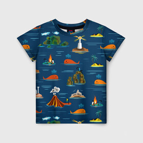 Детская футболка 3D с принтом ОСТРОВА в Санкт-Петербурге, 100% гипоаллергенный полиэфир | прямой крой, круглый вырез горловины, длина до линии бедер, чуть спущенное плечо, ткань немного тянется | география | киты | лето | морское | острова | путешествие. отдых | туризм