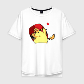 Мужская футболка хлопок Oversize с принтом Пикачу под бейсболкой в Санкт-Петербурге, 100% хлопок | свободный крой, круглый ворот, “спинка” длиннее передней части | anime | picachu | pikachu | аниме | милый | пика | пикачу | покебол | покемон