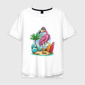 Мужская футболка хлопок Oversize с принтом Отдыхаю как фламинго в Санкт-Петербурге, 100% хлопок | свободный крой, круглый ворот, “спинка” длиннее передней части | море | океан | отдых | отпуск | пальмы | путешествие | серфинг | фламинго