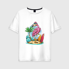 Женская футболка хлопок Oversize с принтом Отдыхаю как фламинго в Санкт-Петербурге, 100% хлопок | свободный крой, круглый ворот, спущенный рукав, длина до линии бедер
 | море | океан | отдых | отпуск | пальмы | путешествие | серфинг | фламинго
