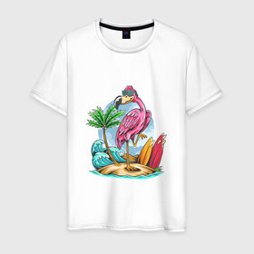 Мужская футболка хлопок с принтом Отдыхаю как фламинго в Санкт-Петербурге, 100% хлопок | прямой крой, круглый вырез горловины, длина до линии бедер, слегка спущенное плечо. | Тематика изображения на принте: море | океан | отдых | отпуск | пальмы | путешествие | серфинг | фламинго