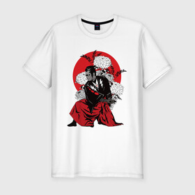 Мужская футболка хлопок Slim с принтом САМУРАЙ 007 в Санкт-Петербурге, 92% хлопок, 8% лайкра | приталенный силуэт, круглый вырез ворота, длина до линии бедра, короткий рукав | black | bond | flowers | japan | red | samurai | кимоно | костюм | меч | самурай | цветы | япония