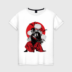 Женская футболка хлопок с принтом САМУРАЙ 007 в Санкт-Петербурге, 100% хлопок | прямой крой, круглый вырез горловины, длина до линии бедер, слегка спущенное плечо | Тематика изображения на принте: black | bond | flowers | japan | red | samurai | кимоно | костюм | меч | самурай | цветы | япония