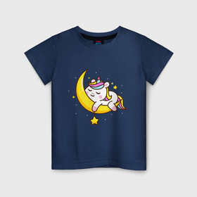 Детская футболка хлопок с принтом Милый единорог спит на луне в Санкт-Петербурге, 100% хлопок | круглый вырез горловины, полуприлегающий силуэт, длина до линии бедер | Тематика изображения на принте: cute | funny | pony | rainbow | unicorn | единорог | единорожка | милый | пони | радуга