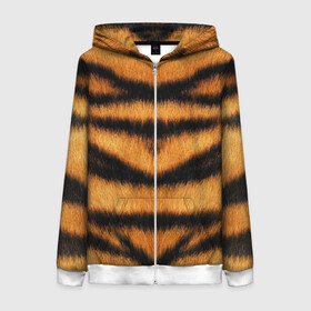 Женская толстовка 3D на молнии с принтом Tiger Wool в Санкт-Петербурге, 100% полиэстер | длина до линии бедра, манжеты и пояс оформлены мягкой тканевой резинкой, двухслойный капюшон со шнурком для регулировки, спереди молния, по бокам два кармана | Тематика изображения на принте: animal | skin | tiger | wool | тигр