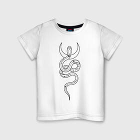Детская футболка хлопок с принтом Лунная змея в Санкт-Петербурге, 100% хлопок | круглый вырез горловины, полуприлегающий силуэт, длина до линии бедер | line art | tatoo art | witch | witchcraft | witchtok | ведьмин знак | витчток | змея | лайн арт | луна | тату рисунок | язычество