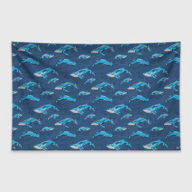 Флаг-баннер с принтом Киты на синем в Санкт-Петербурге, 100% полиэстер | размер 67 х 109 см, плотность ткани — 95 г/м2; по краям флага есть четыре люверса для крепления | whale | кит | киты | море | на синем | паттерн