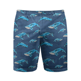 Мужские шорты спортивные с принтом Киты на синем в Санкт-Петербурге,  |  | whale | кит | киты | море | на синем | паттерн
