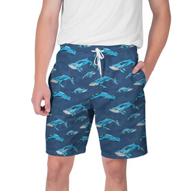 Мужские шорты 3D с принтом Киты на синем в Санкт-Петербурге,  полиэстер 100% | прямой крой, два кармана без застежек по бокам. Мягкая трикотажная резинка на поясе, внутри которой широкие завязки. Длина чуть выше колен | whale | кит | киты | море | на синем | паттерн
