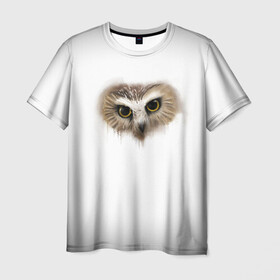 Мужская футболка 3D с принтом СоВа на белом в Санкт-Петербурге, 100% полиэфир | прямой крой, круглый вырез горловины, длина до линии бедер | глаза | лес | природа | птица | сова
