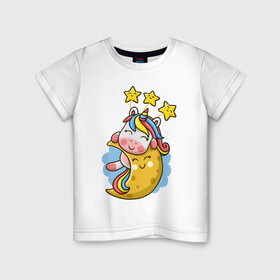 Детская футболка хлопок с принтом Единорог на луне в Санкт-Петербурге, 100% хлопок | круглый вырез горловины, полуприлегающий силуэт, длина до линии бедер | Тематика изображения на принте: cute | funny | moon | pony | rainbow | unicorn | единорог | единорожка | звездочки | луна | милый | пони | радуга