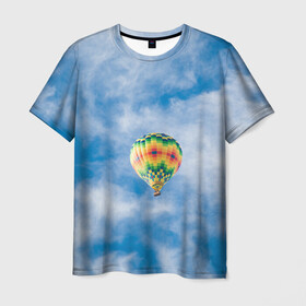 Мужская футболка 3D с принтом Воздушный шар в небе в Санкт-Петербурге, 100% полиэфир | прямой крой, круглый вырез горловины, длина до линии бедер | воздушные | воздушный | небеса | небесный | небо | облака | облако | туча | тучи | шар | шары