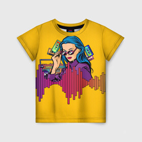 Детская футболка 3D с принтом Ретро Девушка 90-х Арт в Санкт-Петербурге, 100% гипоаллергенный полиэфир | прямой крой, круглый вырез горловины, длина до линии бедер, чуть спущенное плечо, ткань немного тянется | 80 е | 90 е | art. | disco | girl | pop | purple | retro | yellow | бумбокс | в горошек | желтый | кассета | кассеты | лето | магнитофон | музыка | принт | фиолетовый | яркий