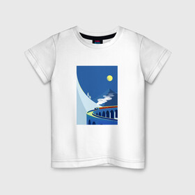 Детская футболка хлопок с принтом паровозик в Санкт-Петербурге, 100% хлопок | круглый вырез горловины, полуприлегающий силуэт, длина до линии бедер | гора | минимализм | мостик | паровозик | синее небо | снег | солнышко