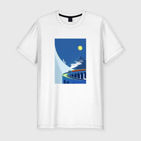 Мужская футболка хлопок Slim с принтом паровозик в Санкт-Петербурге, 92% хлопок, 8% лайкра | приталенный силуэт, круглый вырез ворота, длина до линии бедра, короткий рукав | гора | минимализм | мостик | паровозик | синее небо | снег | солнышко