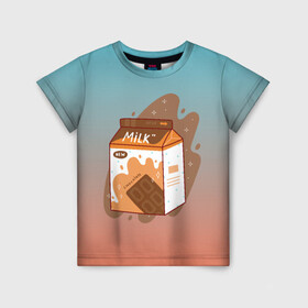 Детская футболка 3D с принтом Шоколадное молоко в коробке в Санкт-Петербурге, 100% гипоаллергенный полиэфир | прямой крой, круглый вырез горловины, длина до линии бедер, чуть спущенное плечо, ткань немного тянется | Тематика изображения на принте: еда | коробка | молоко | молочко | персик | персиковое молоко