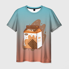 Мужская футболка 3D с принтом Шоколадное молоко в коробке в Санкт-Петербурге, 100% полиэфир | прямой крой, круглый вырез горловины, длина до линии бедер | еда | коробка | молоко | молочко | персик | персиковое молоко