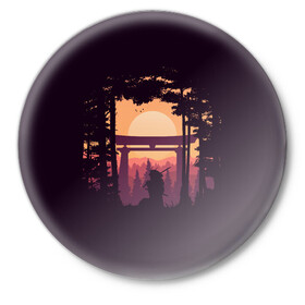 Значок с принтом Ниндзя в одиночестве в Санкт-Петербурге,  металл | круглая форма, металлическая застежка в виде булавки | аниме | закат | ниндзя | пейзаж | япония | японский пейзаж