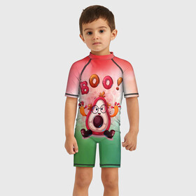 Детский купальный костюм 3D с принтом Booo в Санкт-Петербурге, Полиэстер 85%, Спандекс 15% | застежка на молнии на спине | Тематика изображения на принте: авокадо | арт | графика | мультяшка | фрукты