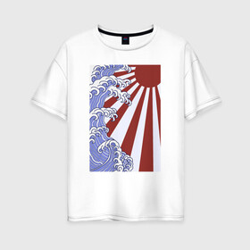 Женская футболка хлопок Oversize с принтом Волна и солнце в Канагаве в Санкт-Петербурге, 100% хлопок | свободный крой, круглый ворот, спущенный рукав, длина до линии бедер
 | japan | japanese style | ninja | samurai | shinobi | the great wave off kanagawa | большая волна в канагаве | иероглифы | канагава | киото | осака | самурай | токио | японист | япония | японский стиль | японский флаг | японское солнце