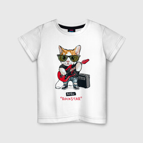 Детская футболка хлопок с принтом КРУТОЙ КОТ ГИТАРИСТ в Санкт-Петербурге, 100% хлопок | круглый вырез горловины, полуприлегающий силуэт, длина до линии бедер | and | cat | cats | cute | funny | guitar | heavy | kitten | kitty | meow | metal | music | n | pet | playing | rock | roll | star | гитара | гитарист | кот | котик | коты | кошка | кошки | крутой | музыка | рок