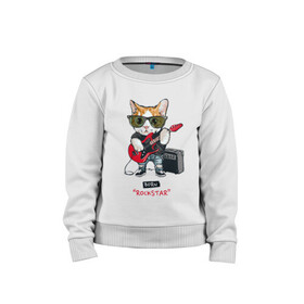 Детский свитшот хлопок с принтом КРУТОЙ КОТ ГИТАРИСТ в Санкт-Петербурге, 100% хлопок | круглый вырез горловины, эластичные манжеты, пояс и воротник | and | cat | cats | cute | funny | guitar | heavy | kitten | kitty | meow | metal | music | n | pet | playing | rock | roll | star | гитара | гитарист | кот | котик | коты | кошка | кошки | крутой | музыка | рок