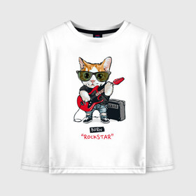 Детский лонгслив хлопок с принтом КРУТОЙ КОТ ГИТАРИСТ в Санкт-Петербурге, 100% хлопок | круглый вырез горловины, полуприлегающий силуэт, длина до линии бедер | and | cat | cats | cute | funny | guitar | heavy | kitten | kitty | meow | metal | music | n | pet | playing | rock | roll | star | гитара | гитарист | кот | котик | коты | кошка | кошки | крутой | музыка | рок