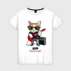 Женская футболка хлопок с принтом КРУТОЙ КОТ ГИТАРИСТ в Санкт-Петербурге, 100% хлопок | прямой крой, круглый вырез горловины, длина до линии бедер, слегка спущенное плечо | and | cat | cats | cute | funny | guitar | heavy | kitten | kitty | meow | metal | music | n | pet | playing | rock | roll | star | гитара | гитарист | кот | котик | коты | кошка | кошки | крутой | музыка | рок