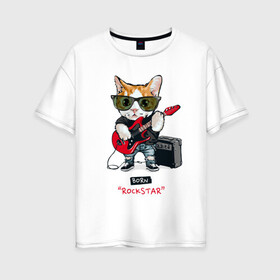 Женская футболка хлопок Oversize с принтом КРУТОЙ КОТ ГИТАРИСТ в Санкт-Петербурге, 100% хлопок | свободный крой, круглый ворот, спущенный рукав, длина до линии бедер
 | and | cat | cats | cute | funny | guitar | heavy | kitten | kitty | meow | metal | music | n | pet | playing | rock | roll | star | гитара | гитарист | кот | котик | коты | кошка | кошки | крутой | музыка | рок