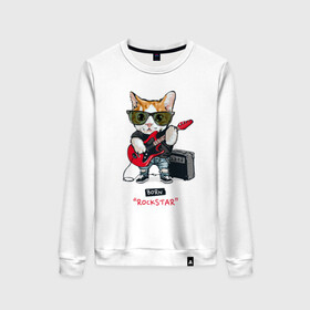 Женский свитшот хлопок с принтом КРУТОЙ КОТ ГИТАРИСТ в Санкт-Петербурге, 100% хлопок | прямой крой, круглый вырез, на манжетах и по низу широкая трикотажная резинка  | and | cat | cats | cute | funny | guitar | heavy | kitten | kitty | meow | metal | music | n | pet | playing | rock | roll | star | гитара | гитарист | кот | котик | коты | кошка | кошки | крутой | музыка | рок
