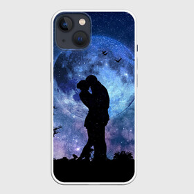 Чехол для iPhone 13 с принтом Влюбленные на фоне луны в Санкт-Петербурге,  |  | влюбленные | двое | луна | любовь | ночь | объятия | романтика