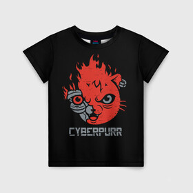 Детская футболка 3D с принтом СYBERPURR в Санкт-Петербурге, 100% гипоаллергенный полиэфир | прямой крой, круглый вырез горловины, длина до линии бедер, чуть спущенное плечо, ткань немного тянется | Тематика изображения на принте: 2077 | animal | cat | cyber | cyberpunk | fire | flame | future | neon | purr | technology | будущее | демон | животное | кибер | кот | кошка | микросхема | мур | мурлыкать | нейроны | неон | огонь | очки | свечение | технологии | шлем