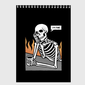 Скетчбук с принтом Я В Порядке в Санкт-Петербурге, 100% бумага
 | 48 листов, плотность листов — 100 г/м2, плотность картонной обложки — 250 г/м2. Листы скреплены сверху удобной пружинной спиралью | Тематика изображения на принте: bones | fine | fire | flame | im | skeleton | skull | апатия | в | депрессия | кости | кружка | настроение | огонь | пламя | пожар | порядке | прострация | скелет | череп | эмоции | я