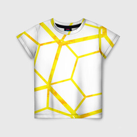 Детская футболка 3D с принтом Hexagon в Санкт-Петербурге, 100% гипоаллергенный полиэфир | прямой крой, круглый вырез горловины, длина до линии бедер, чуть спущенное плечо, ткань немного тянется | hexagon | high tech | lines | sun | yellow | линии | многоугольник | насыщенный желтый | паутина | солнце | хай тек | шестиугольник | яркий