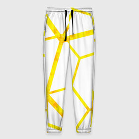Мужские брюки 3D с принтом Hexagon в Санкт-Петербурге, 100% полиэстер | манжеты по низу, эластичный пояс регулируется шнурком, по бокам два кармана без застежек, внутренняя часть кармана из мелкой сетки | hexagon | high tech | lines | sun | yellow | линии | многоугольник | насыщенный желтый | паутина | солнце | хай тек | шестиугольник | яркий