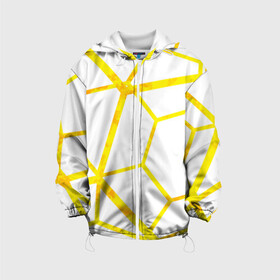 Детская куртка 3D с принтом Hexagon в Санкт-Петербурге, 100% полиэстер | застежка — молния, подол и капюшон оформлены резинкой с фиксаторами, по бокам — два кармана без застежек, один потайной карман на груди, плотность верхнего слоя — 90 г/м2; плотность флисового подклада — 260 г/м2 | Тематика изображения на принте: hexagon | high tech | lines | sun | yellow | линии | многоугольник | насыщенный желтый | паутина | солнце | хай тек | шестиугольник | яркий