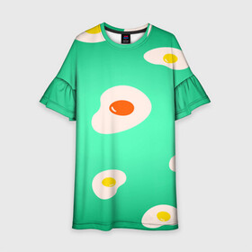 Детское платье 3D с принтом Яйца на Зеленом Фоне в Санкт-Петербурге, 100% полиэстер | прямой силуэт, чуть расширенный к низу. Круглая горловина, на рукавах — воланы | food | в топе | в тренде | еда | завтрак | зеленый | яичница | яйца