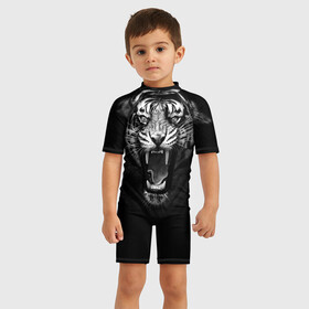 Детский купальный костюм 3D с принтом Рев Тигра в Санкт-Петербурге, Полиэстер 85%, Спандекс 15% | застежка на молнии на спине | Тематика изображения на принте: roar | tiger | рык | тигр | чернобелый