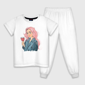 Детская пижама хлопок с принтом Красивая Тян в Санкт-Петербурге, 100% хлопок |  брюки и футболка прямого кроя, без карманов, на брюках мягкая резинка на поясе и по низу штанин
 | girl | байкерша | девушка | розовый | сок