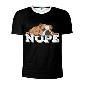 Мужская футболка 3D спортивная с принтом Ленивый Бульдог в Санкт-Петербурге, 100% полиэстер с улучшенными характеристиками | приталенный силуэт, круглая горловина, широкие плечи, сужается к линии бедра | Тематика изображения на принте: animals | bulldog | dog | english | lazy | meme | memes | nope | английский | бульдог | дог | животные | ленивый | мем | нет | пес | собака