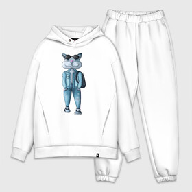 Мужской костюм хлопок OVERSIZE с принтом Уличный котик в Санкт-Петербурге,  |  | джинсы | животные | кот | лето | милые животные | очки | прогулка | серый | улица