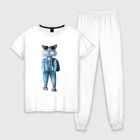 Женская пижама хлопок с принтом Уличный котик  в Санкт-Петербурге, 100% хлопок | брюки и футболка прямого кроя, без карманов, на брюках мягкая резинка на поясе и по низу штанин | джинсы | животные | кот | лето | милые животные | очки | прогулка | серый | улица