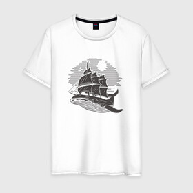 Мужская футболка хлопок с принтом Кит и корабль в Санкт-Петербурге, 100% хлопок | прямой крой, круглый вырез горловины, длина до линии бедер, слегка спущенное плечо. | Тематика изображения на принте: ship | whale | кит | киты | корабль | паруса
