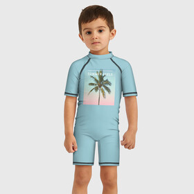 Детский купальный костюм 3D с принтом Летние ощущения в Санкт-Петербурге, Полиэстер 85%, Спандекс 15% | застежка на молнии на спине | голубая | лето | пальма | пляж | тропики