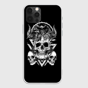 Чехол для iPhone 12 Pro с принтом Черепа и Вороны | Skulls Raven в Санкт-Петербурге, силикон | область печати: задняя сторона чехла, без боковых панелей | Тематика изображения на принте: skulls | xo | вороны | градиент | животные | кости | мозги | паттерн | полосы | природа | птицы | скелет | текстура | узор | хо | чб | черепа | черный