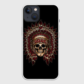 Чехол для iPhone 13 с принтом Череп Индейца в Санкт-Петербурге,  |  | skulls | xo | букет | градиент | животные | индеец | кости | мозги | паттерн | перья | полосы | природа | розы | скелет | текстура | узор | хо | цветы | черепа | черный | яркий